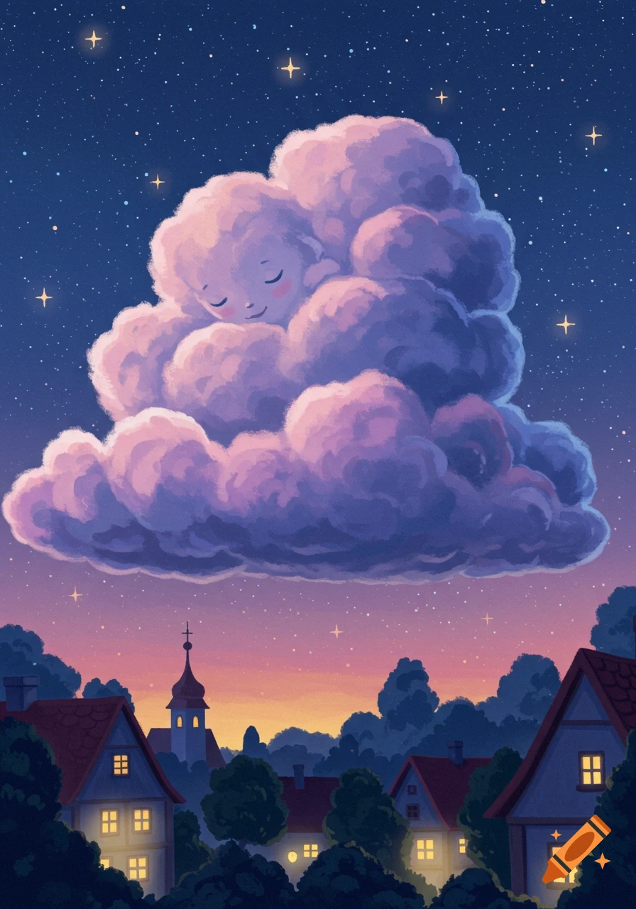 Whimsical illustration of a large, sleeping purple-pink cloud floating over a charming, lit-up town at night under a starry sky.