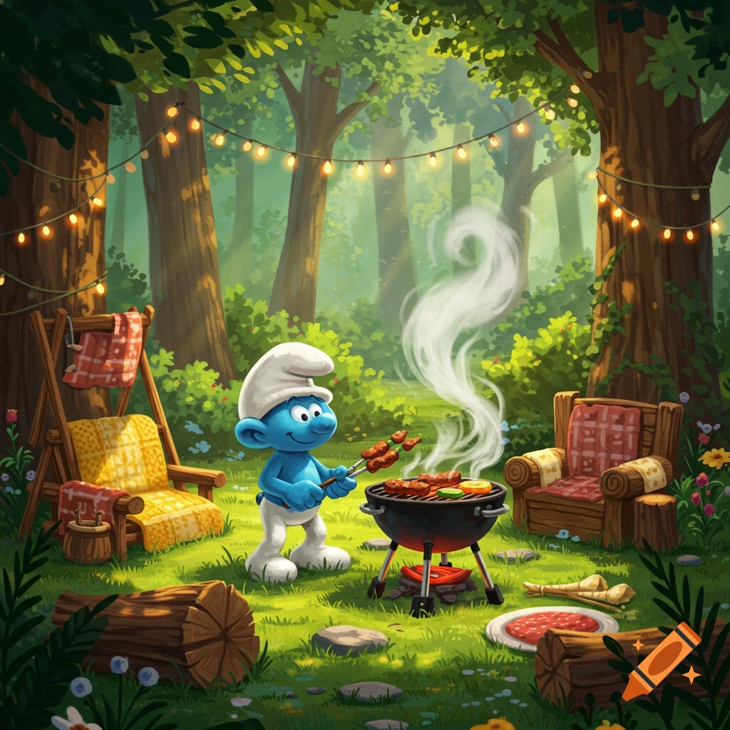 A happy blue Smurf grills food and skewers on a barbecue in a vibrant cartoon forest with string lights.