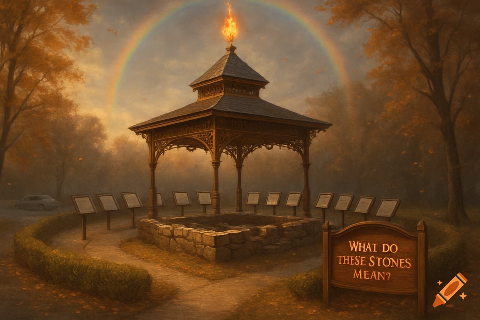 A detailed painting of a gazebo with a flame on top and a stone foundation, surrounded by signs, under a rainbow in an autumn park.