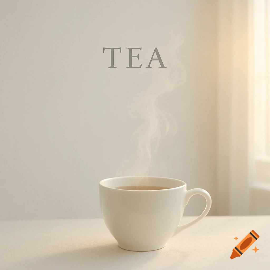 A white cup of steaming tea on a light table, with soft sunlight from a window and the word 'TEA' above, in a minimal style.