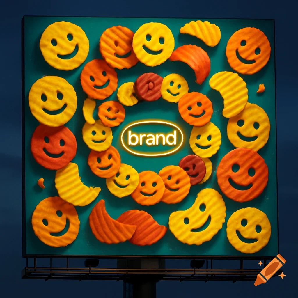 A billboard featuring colorful wavy smiley-face chips surrounding a glowing 'brand' text on a teal background, under a dark sky.