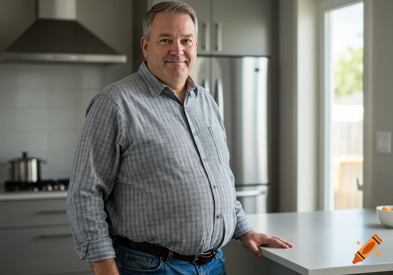 A smiling middle-aged man with gray hair and a paunch stands in a modern kitchen, leaning on a white counter.