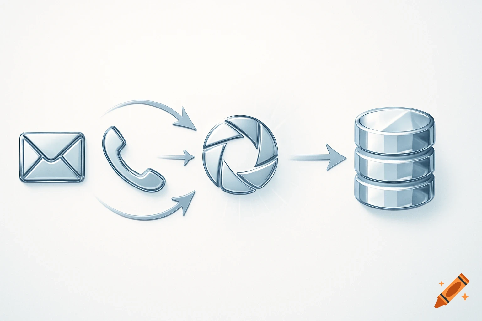 Metallic email, phone, and aperture icons flowing via arrows to a database icon, symbolizing data processing.