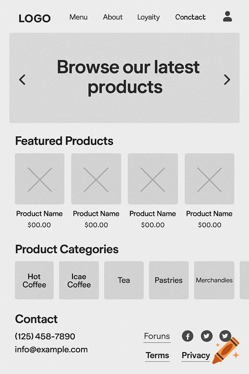 A minimalist grayscale e-commerce website homepage layout with product listings, categories, and contact information.