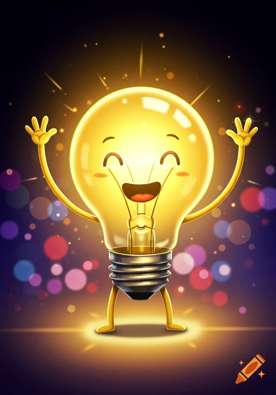 A cheerful, glowing yellow cartoon light bulb character with a happy face and raised arms, surrounded by bokeh lights.