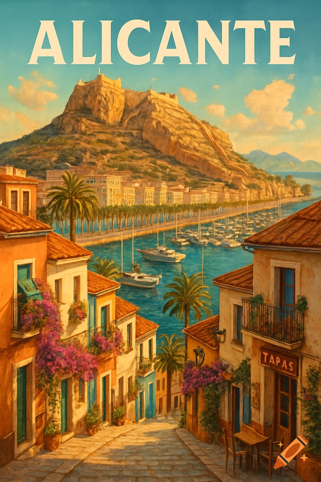 Vibrant painting of Alicante, Spain, showing the city, a bustling harbor with boats, and a castle on a sunlit hill.