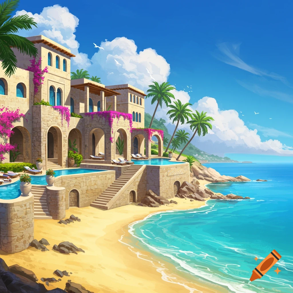 Illustrated grand villa with multiple pools, vibrant flowers, and palm trees on a sandy beach next to a clear blue ocean.