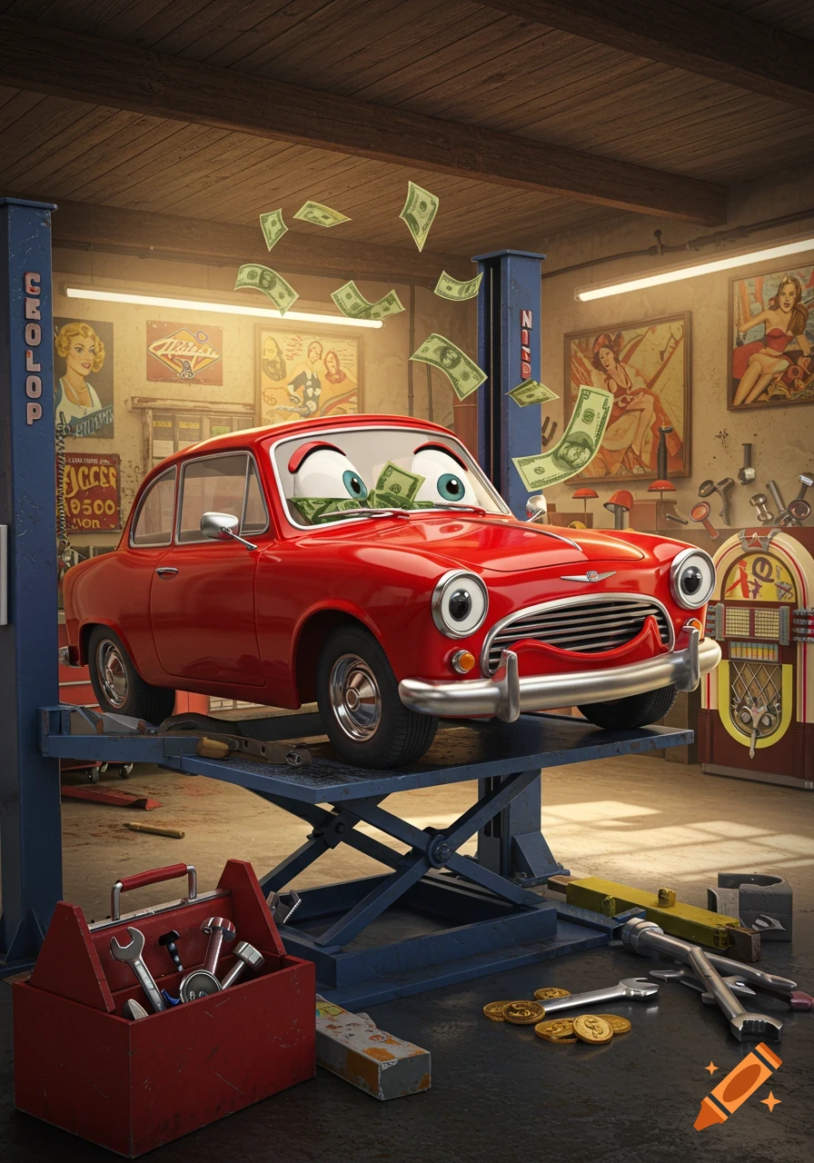 A cheerful red cartoon car with big eyes on a blue hydraulic lift in a garage, with money falling around it.