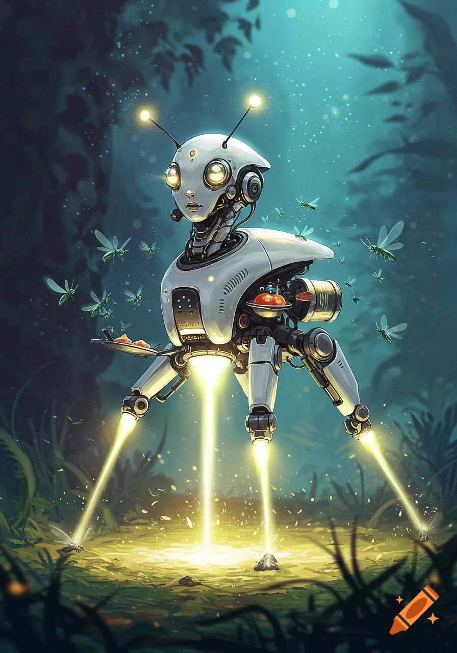 A white, anthropomorphic robot with glowing eyes and antennae hovers in a magical forest, light beams shining from its legs. Fireflies buzz around it.