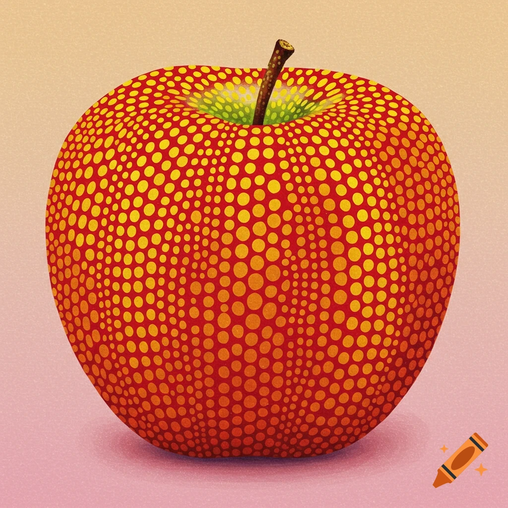 A red apple covered in a dense pattern of yellow polka dots, with a brown stem, in a Pop Art style.