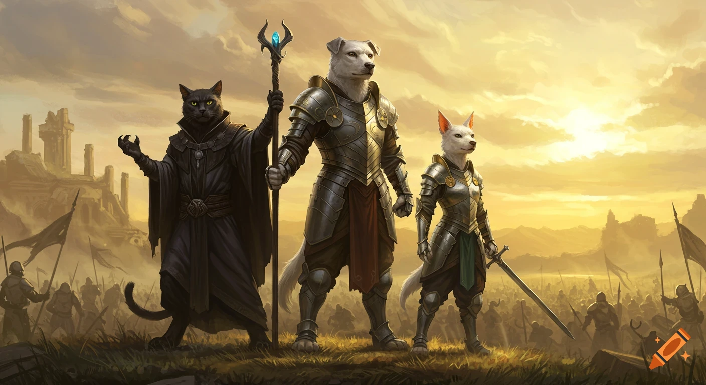 A black cat in robes, a large white dog, and a small white dog in armor stand proudly on a golden battlefield with ruins, epic fantasy art.