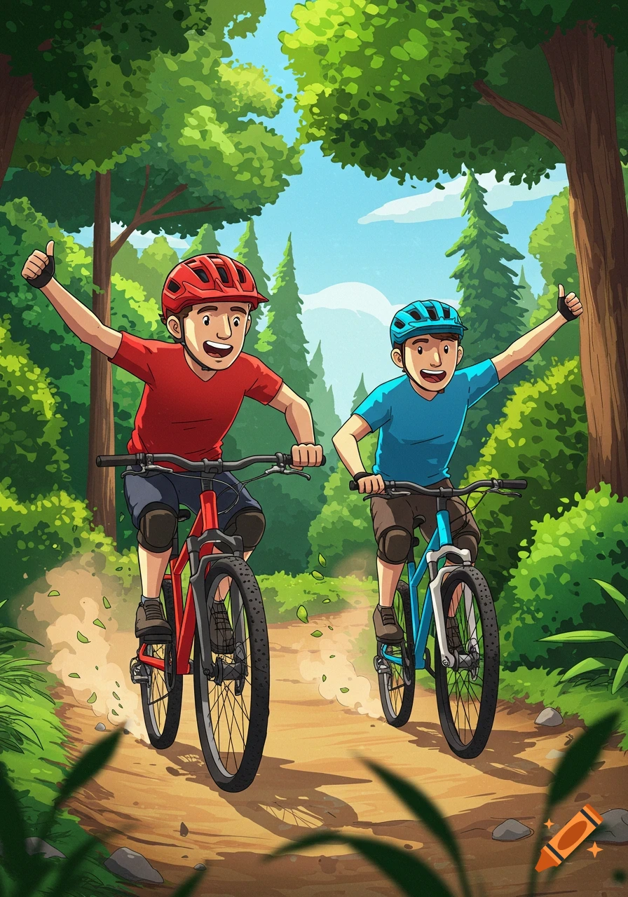 Two smiling animated men in helmets riding mountain bikes on a forest dirt trail, both giving thumbs up.