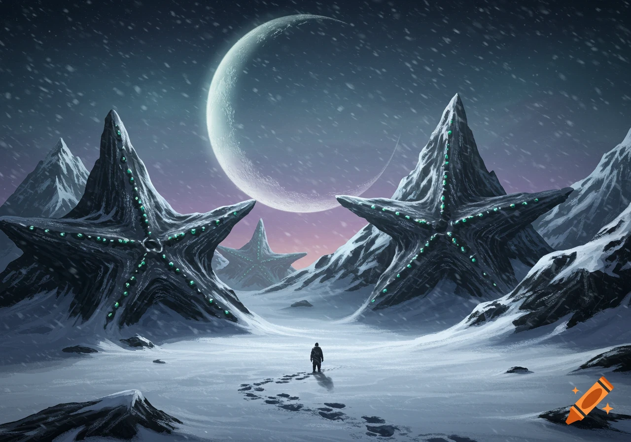 A lone figure walks across a snowy alien landscape towards giant, dark star-shaped mountains under a crescent moon, digital painting.