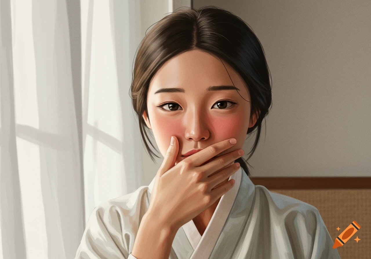 Digital painting of an embarrassed Asian woman in traditional clothing, hand covering her mouth.