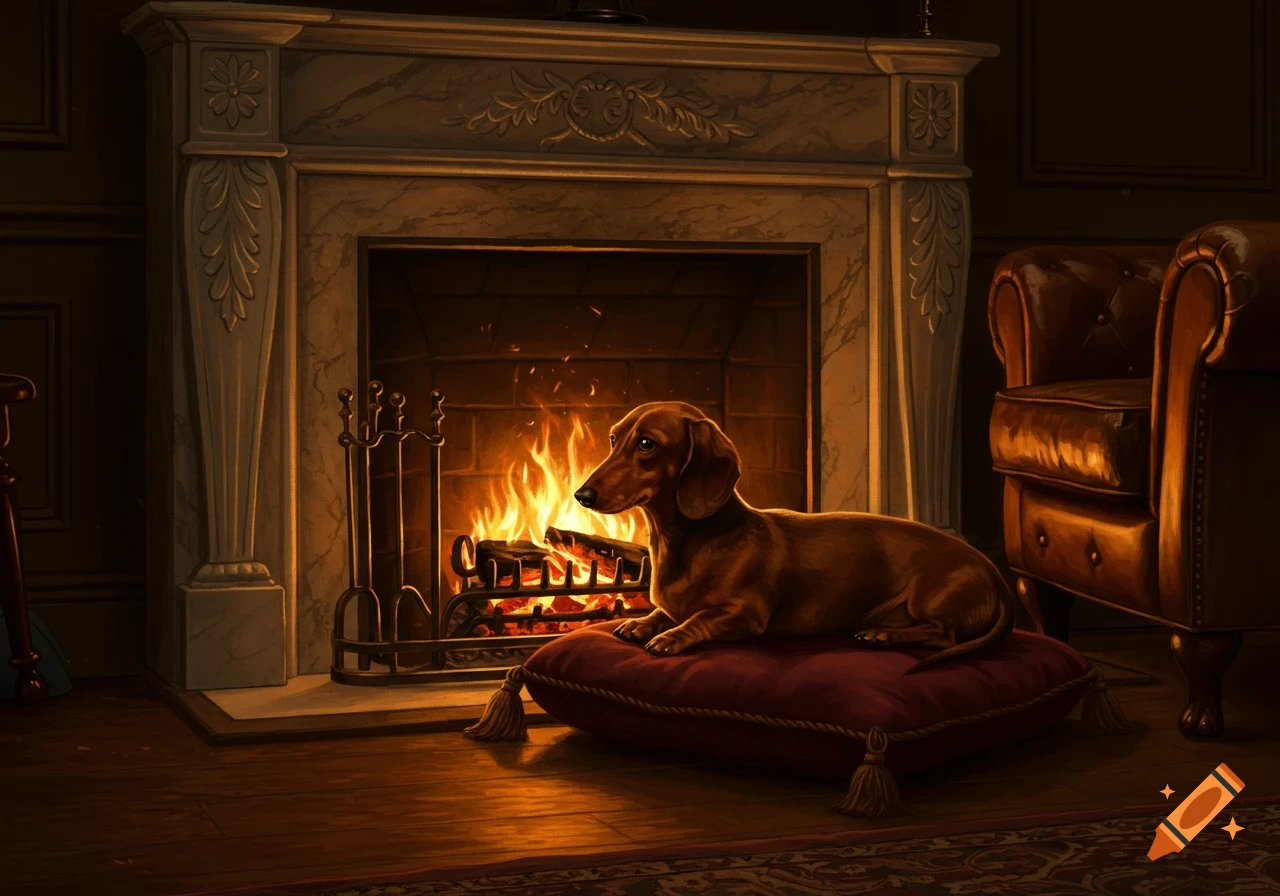 A brown dachshund lounges on a red cushion in front of a warm, crackling fireplace in a cozy, dimly lit room.