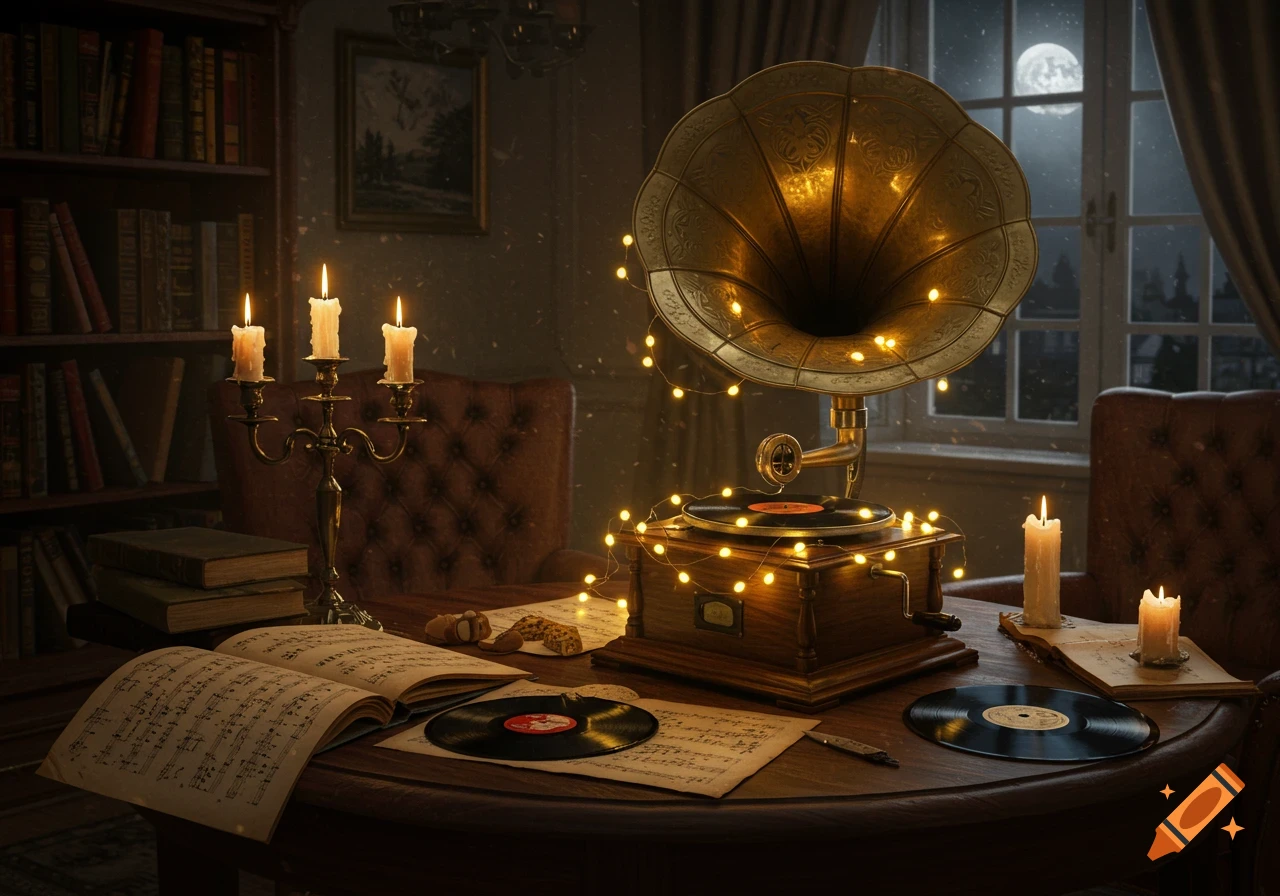 A warm vintage study at night with a gramophone, open sheet music, records, and candles on a wooden table, moonlit window.