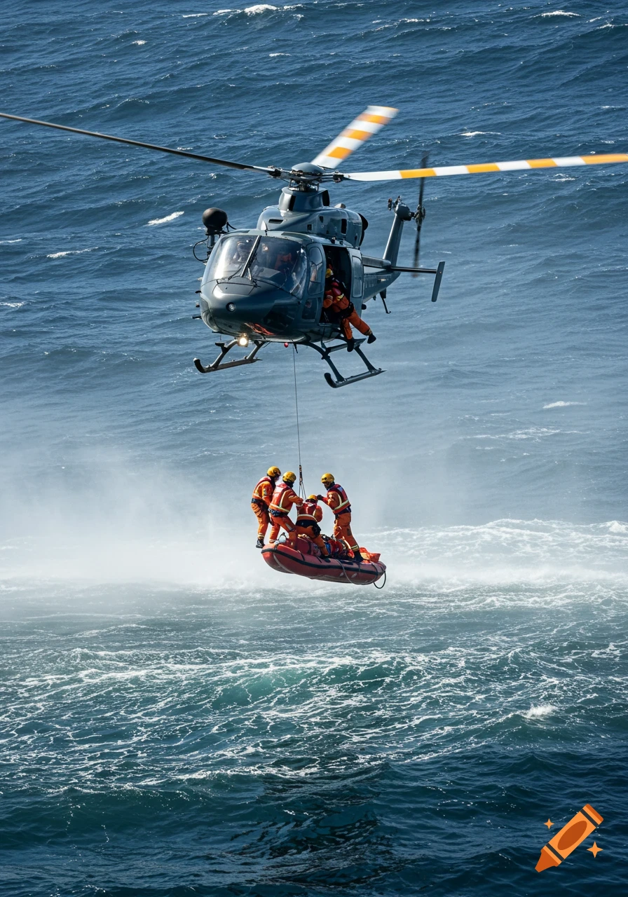 A photorealistic image of a grey helicopter hovering over choppy blue ocean, hoisting orange-suited rescue workers and an inflatable boat.