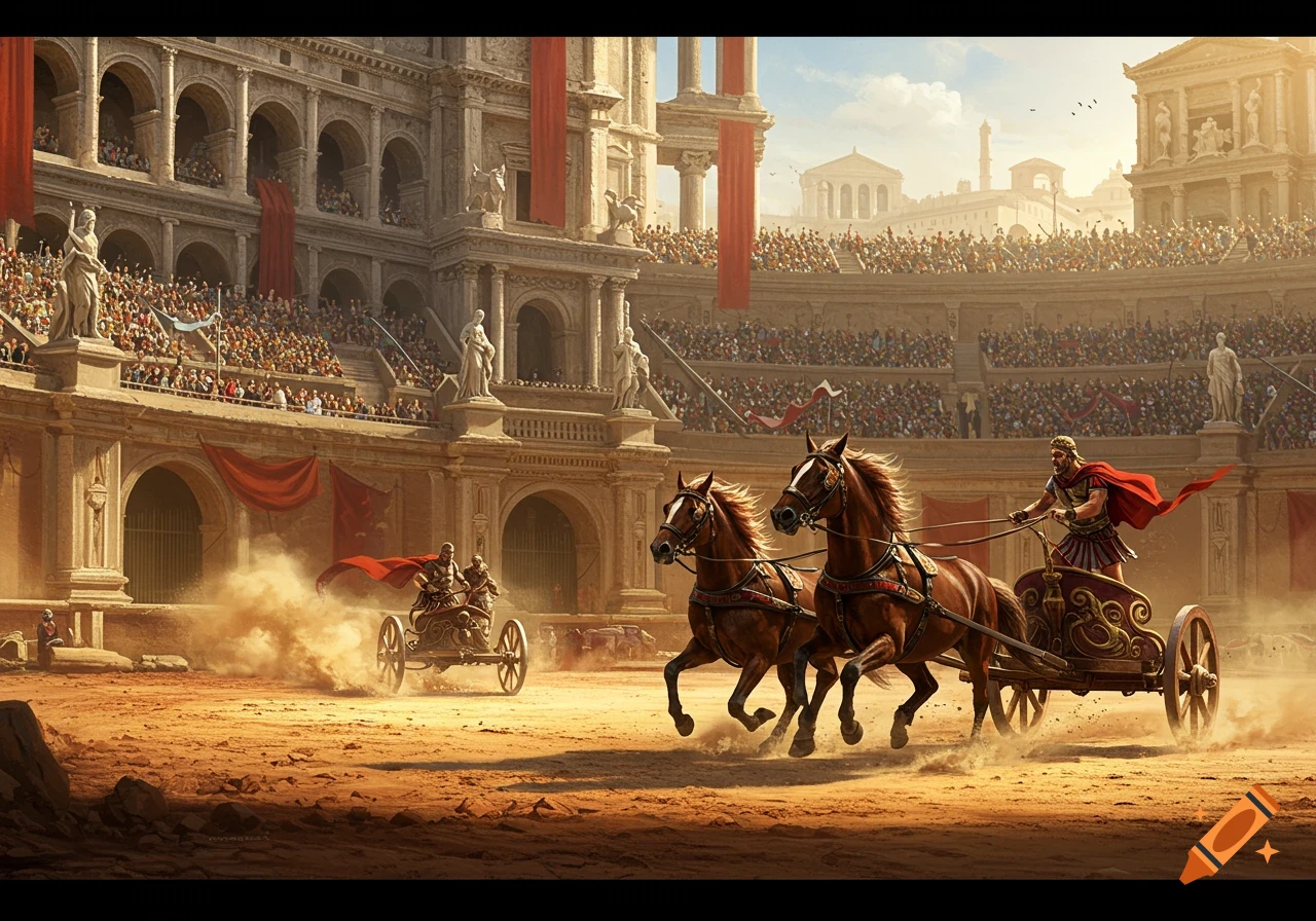 A detailed illustration of an ancient Roman chariot race in a large amphitheater packed with spectators.
