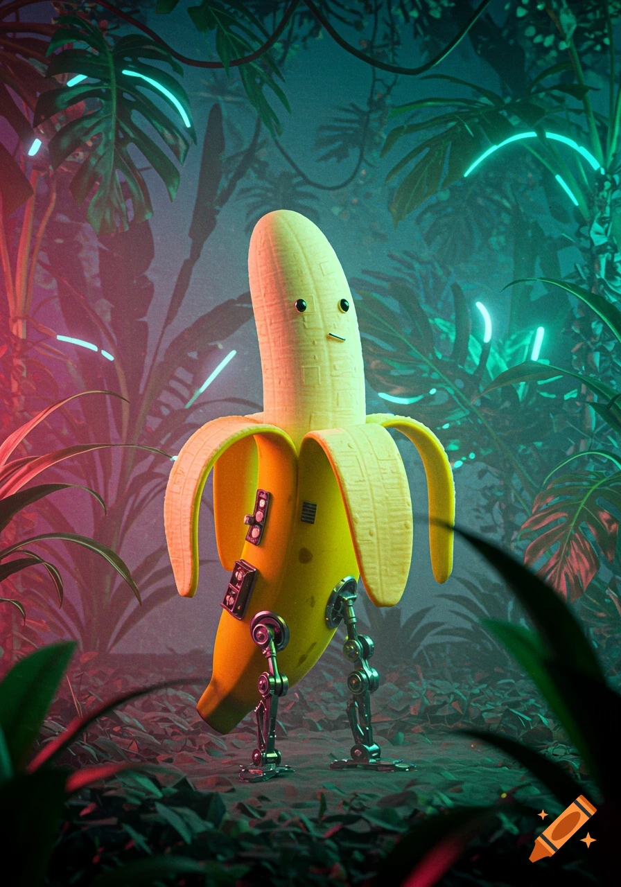 A whimsical robot banana with mechanical legs stands in a dark jungle lit by glowing neon plants.