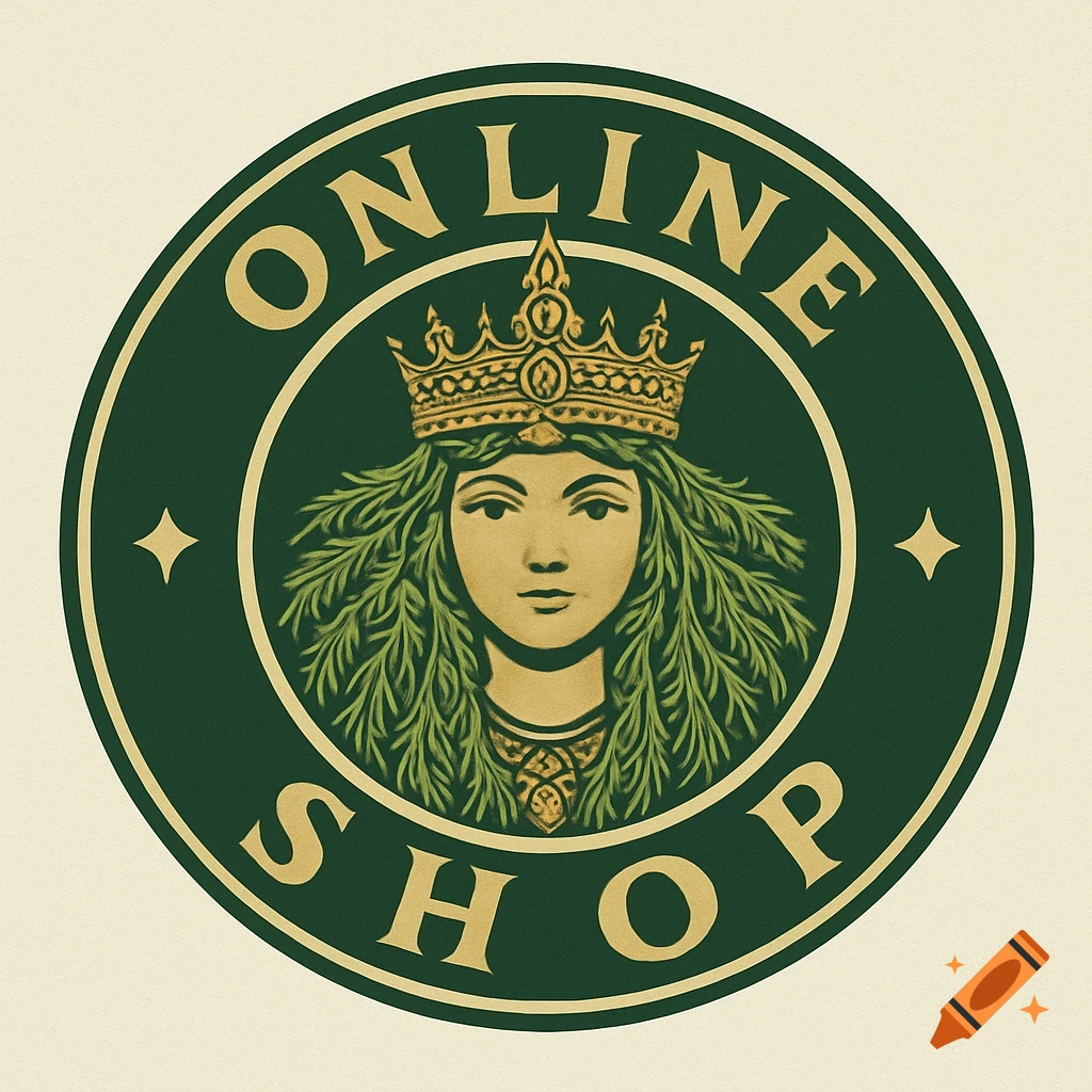 Vintage-style logo of a crowned woman with dill sprig hair in a green circle, with 'ONLINE' and 'SHOP' text.