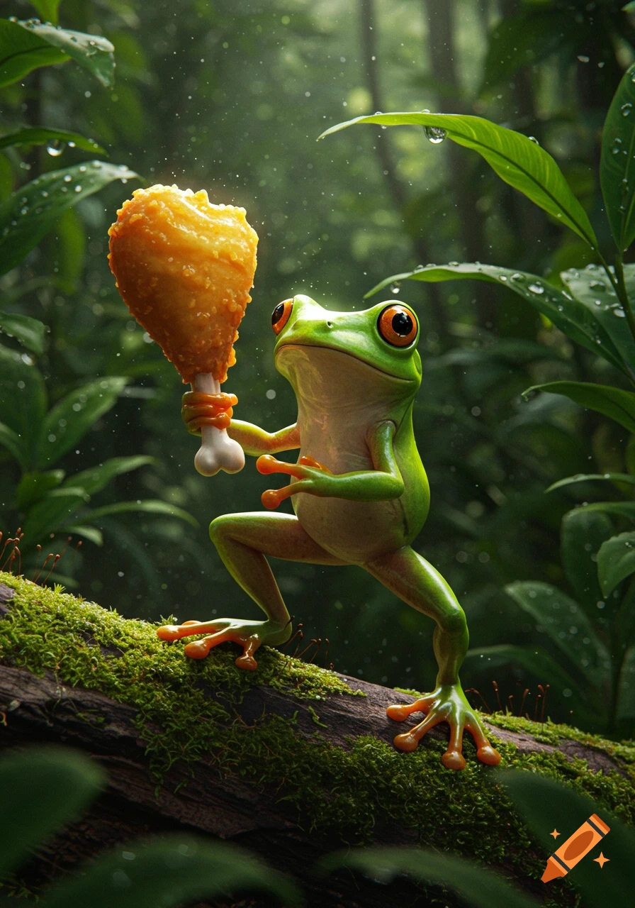 A vibrant green frog with orange eyes stands on a moss-covered log in a lush jungle, holding a golden fried chicken drumstick.