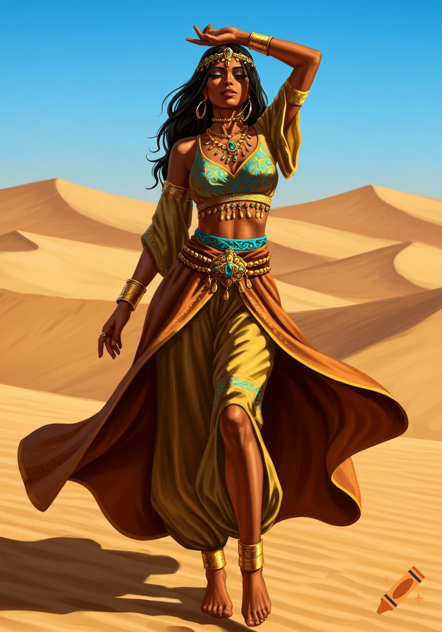 A richly dressed woman with dark hair and elaborate gold jewelry poses in a desert of sand dunes under a clear blue sky.