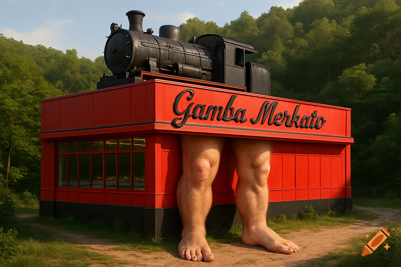 A red building with large human legs, topped by a black steam locomotive, stands in a forest clearing. The building has 'Gamba Merkato' written on it.