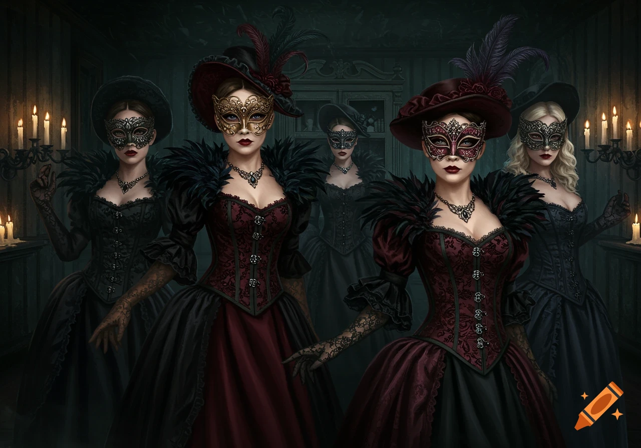 Five women in elaborate gothic masquerade costumes and feathered hats stand in a dimly lit, ornate room.