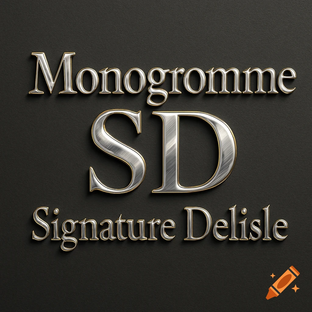 Elegant silver metallic text "Monogromme SD Signature Delisle" with gold outlines on a dark gray textured background.
