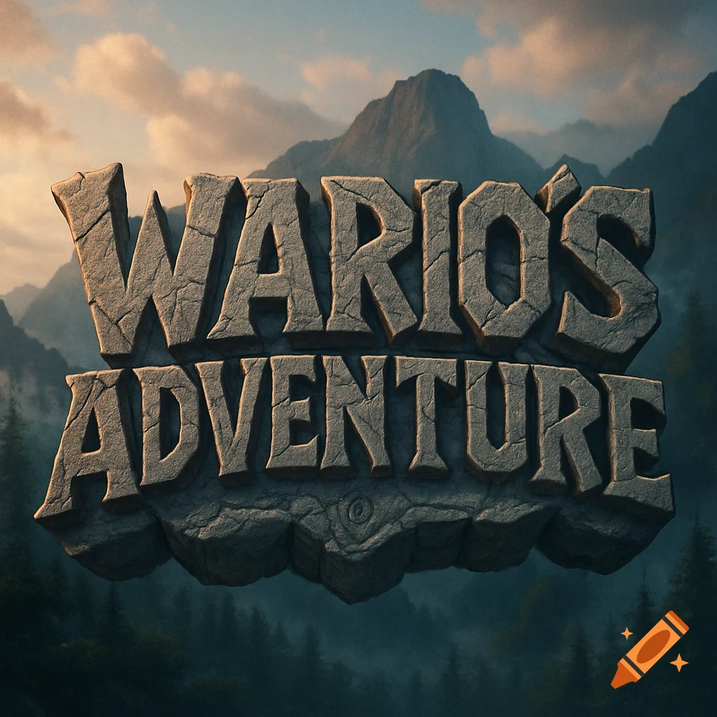 The 'WARIO'S ADVENTURE' logo carved from cracked stone, hovering above a misty mountain and forest landscape.