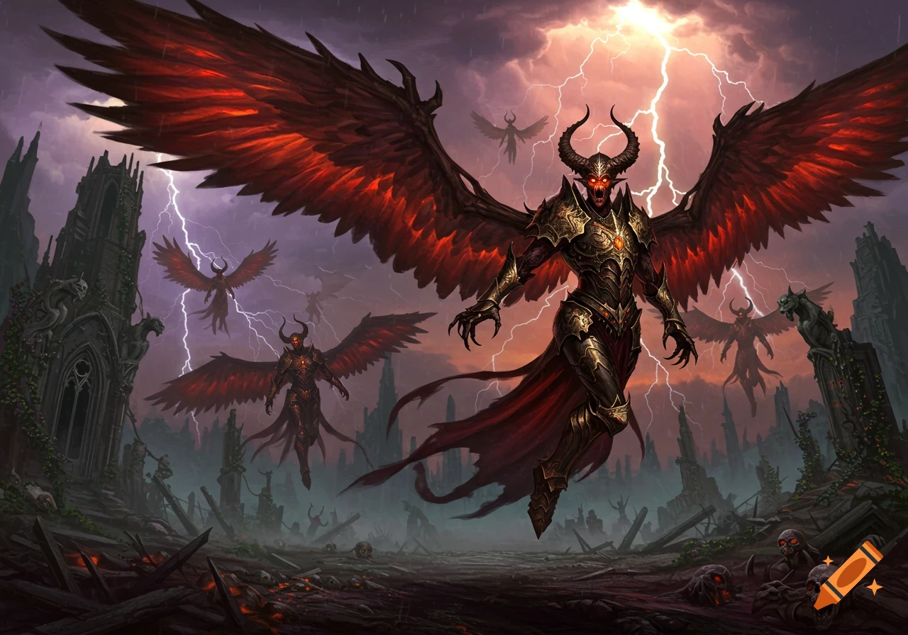 A large horned demon with glowing red eyes, golden armor, and red wings flies over a dark, ruined gothic landscape with lightning, accompanied by smaller winged demons and skulls on the ground.