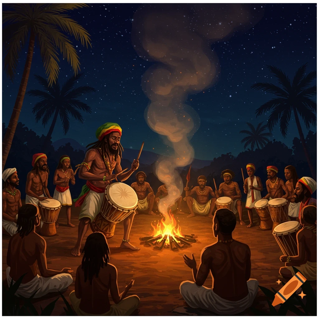 Illustrated scene of men in traditional attire playing drums around a campfire at night under palm trees.