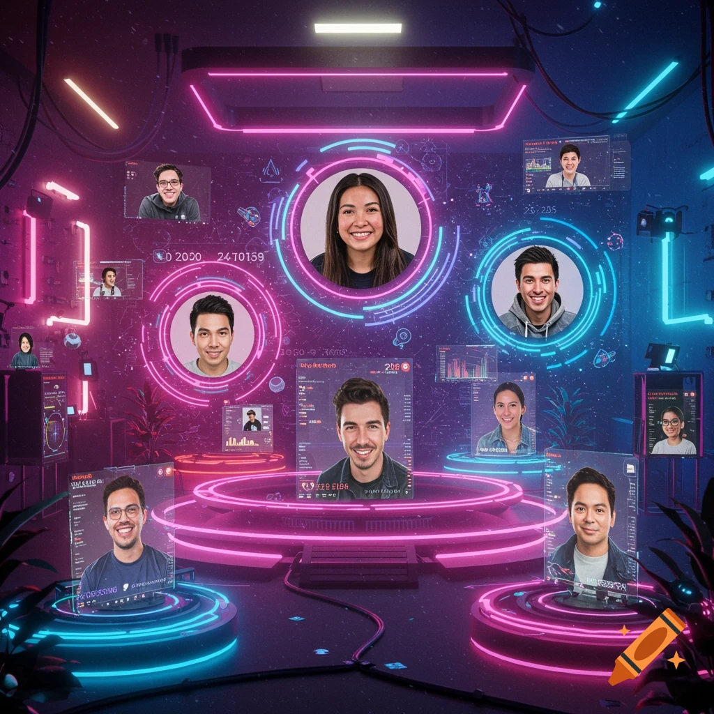 A futuristic, neon-lit digital room with multiple smiling faces displayed in circular and rectangular holographic screens. Blue and pink neon lights illuminate the scene.