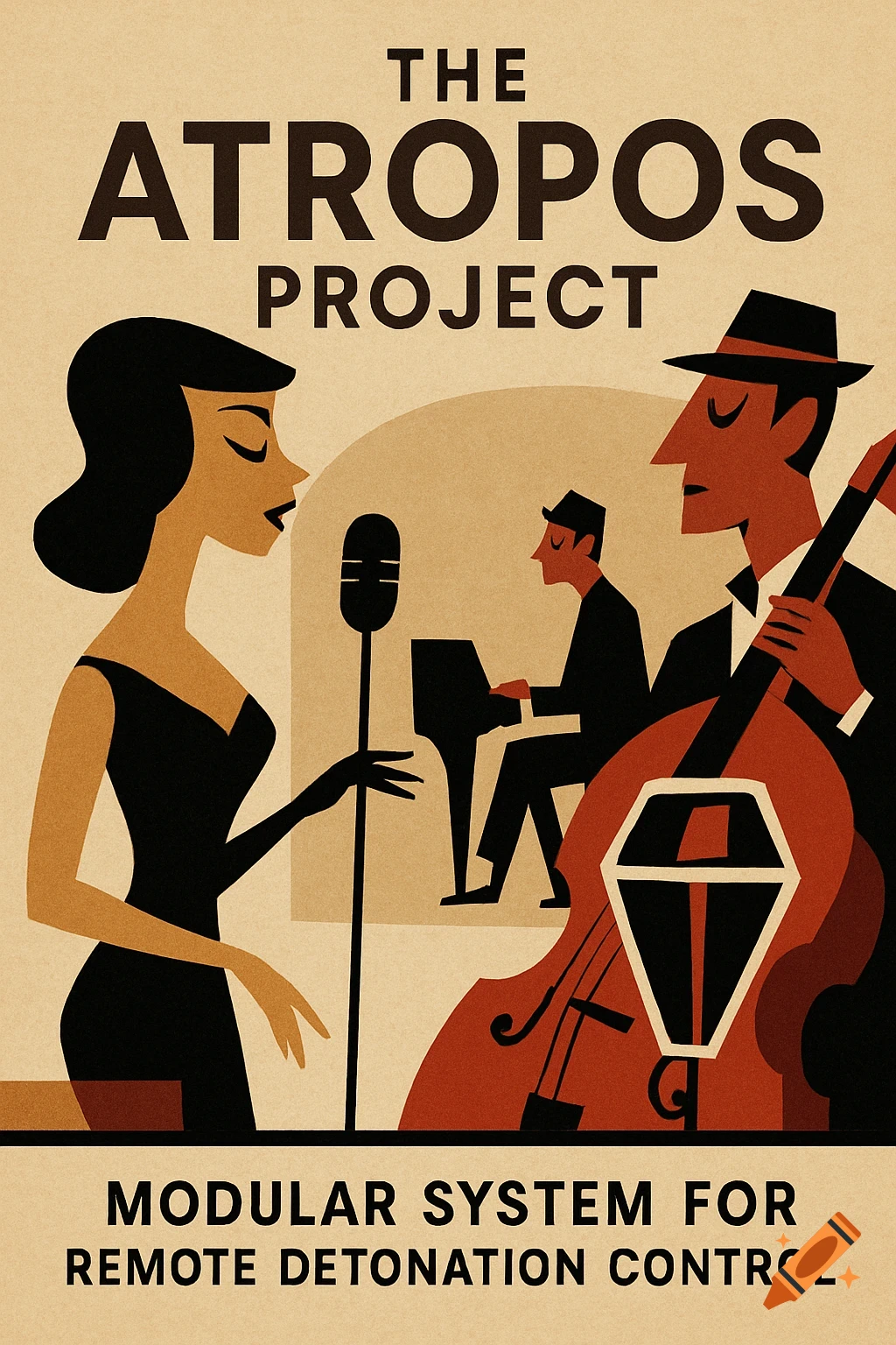 Vintage Art Deco style poster for 'The Atropos Project' featuring a female jazz singer, a bassist, and a pianist.