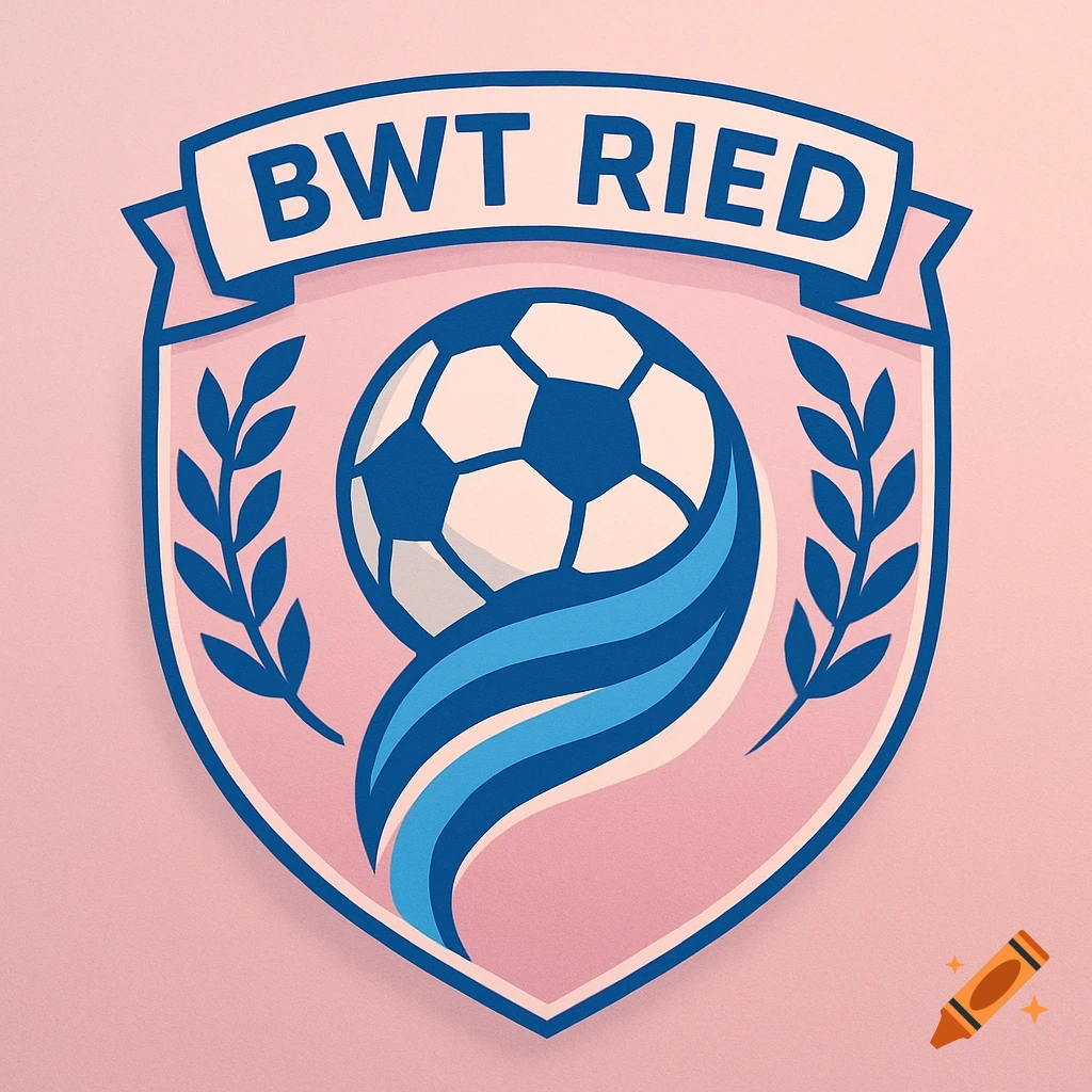 Pink and blue soccer club crest with a football, olive branches, and 'BWT Ried' on a banner.