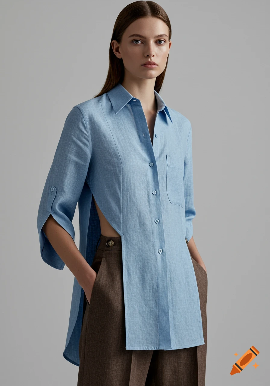 A stylish woman in a light blue open-sided linen shirt and brown trousers, hands in pockets, on a light gray background.