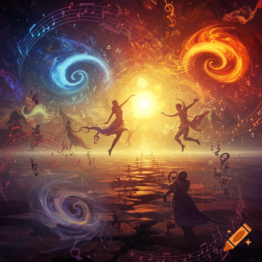 Stylized figures dance amidst a cosmic landscape with swirling musical notes and vibrant energy, centered around a glowing orb.