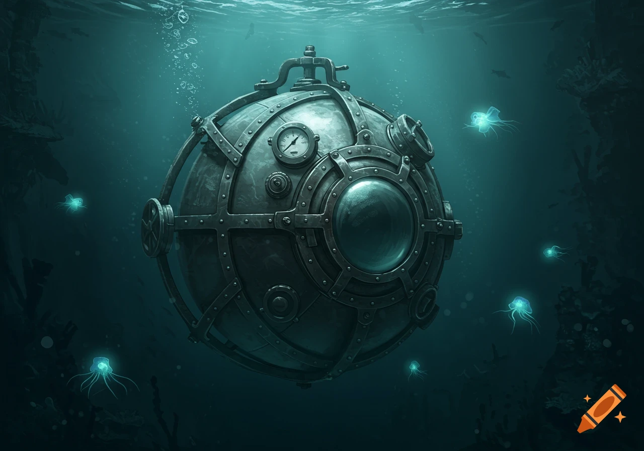 A detailed steampunk bathysphere sits on the ocean floor, surrounded by glowing blue jellyfish in dark green water.
