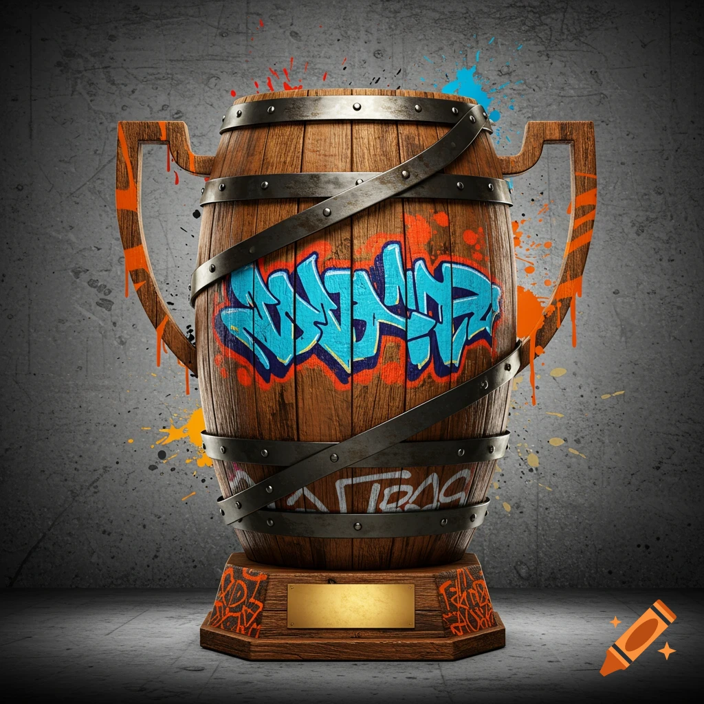 A wooden barrel trophy with metal bands, featuring vibrant blue and orange graffiti art and paint splatters on a concrete background.