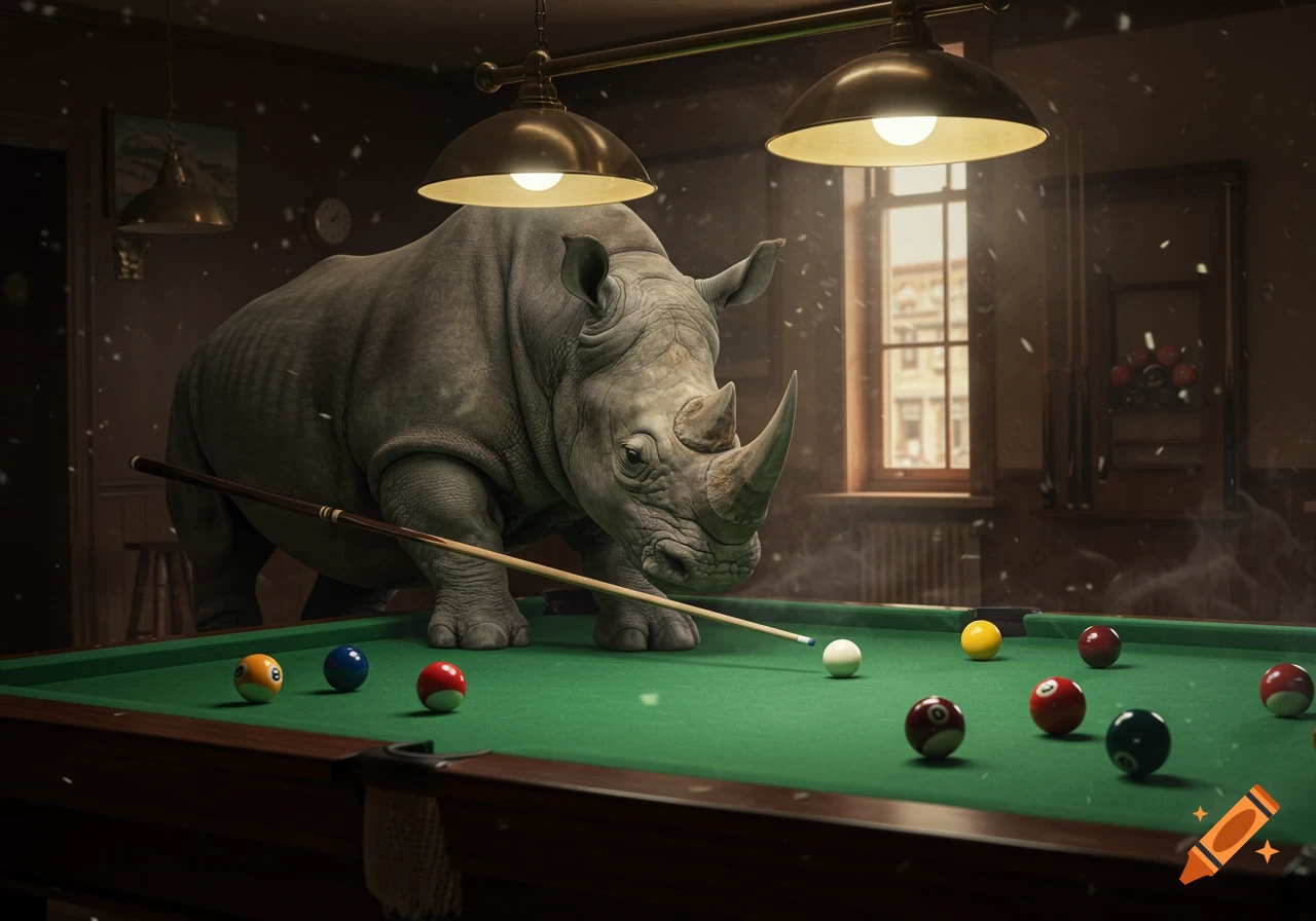 A photorealistic rhinoceros stands on a green pool table, holding a cue stick, aiming at the cue ball in a dimly lit billiards room.