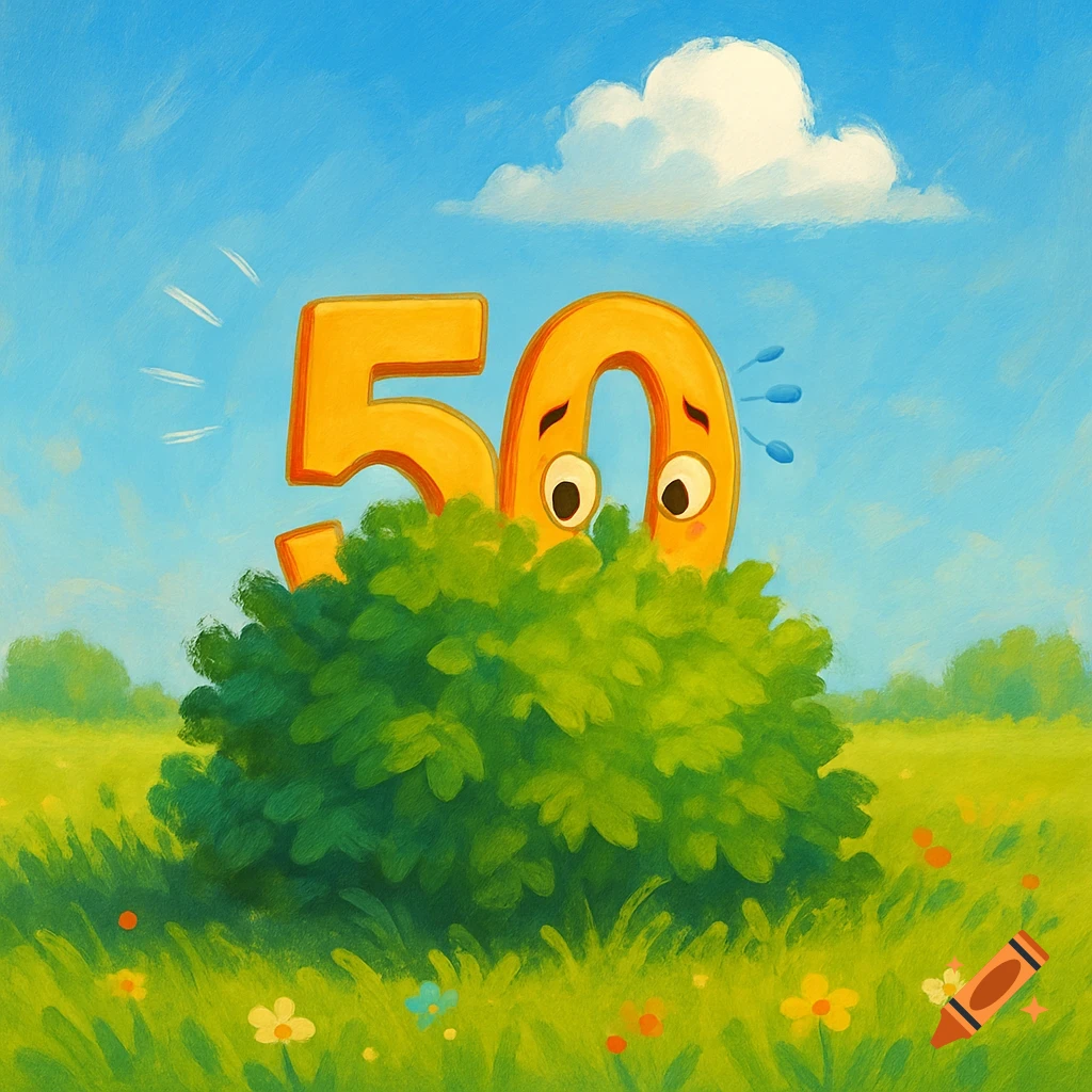 A shy, animated number 50 peeks from behind a green bush in a sunny, cartoon-style grassy field with a blue sky and white cloud.