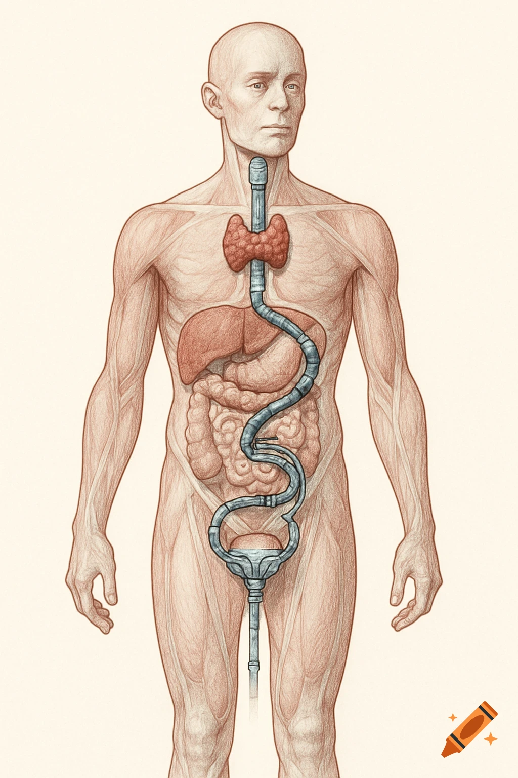 Stylized anatomical illustration of a human figure with a plumbing pipe connecting the thyroid to the bladder and exiting the body.