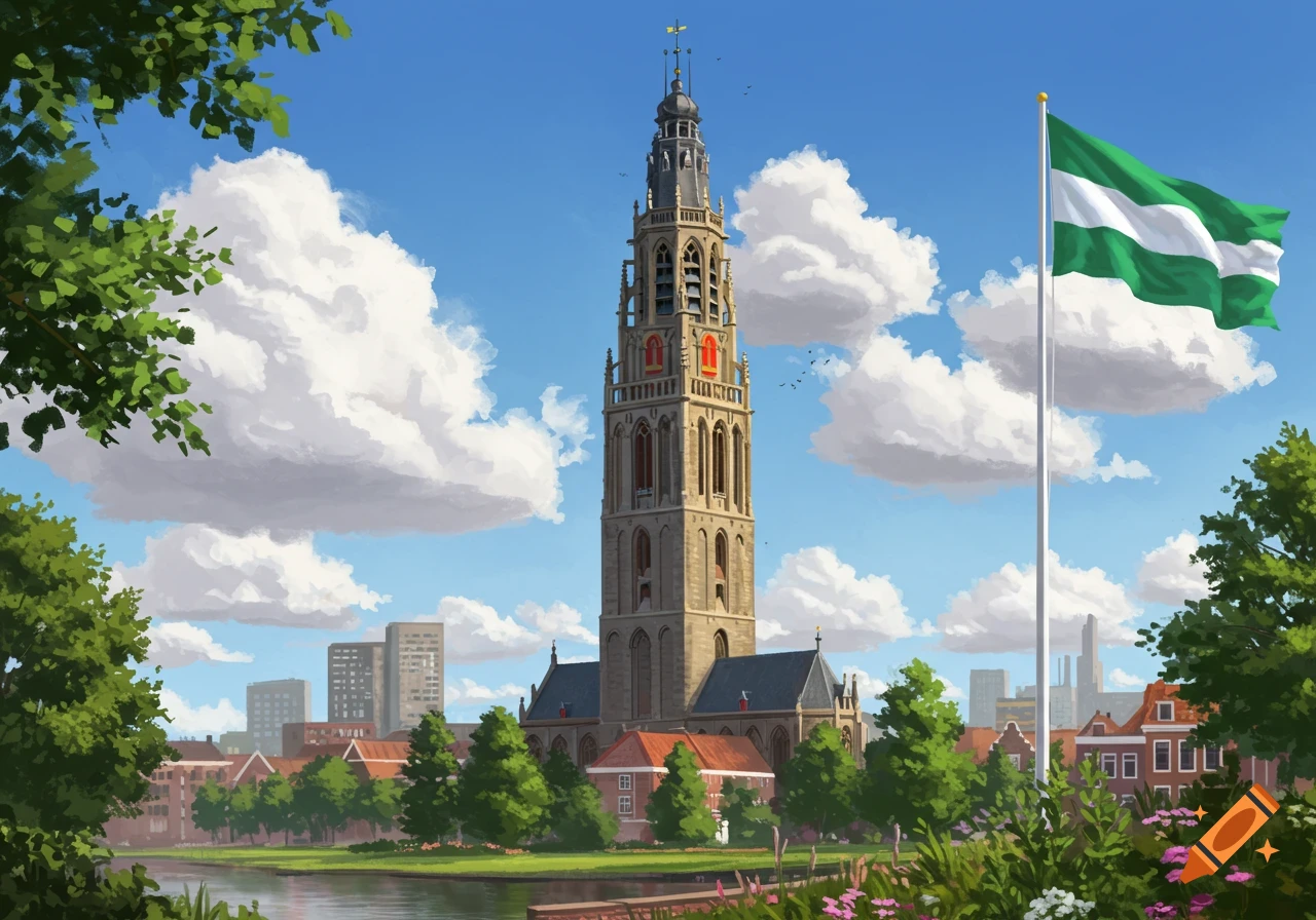 A tall, ornate stone church tower stands in a city with a green and white flag, trees, water, and buildings under a blue sky.