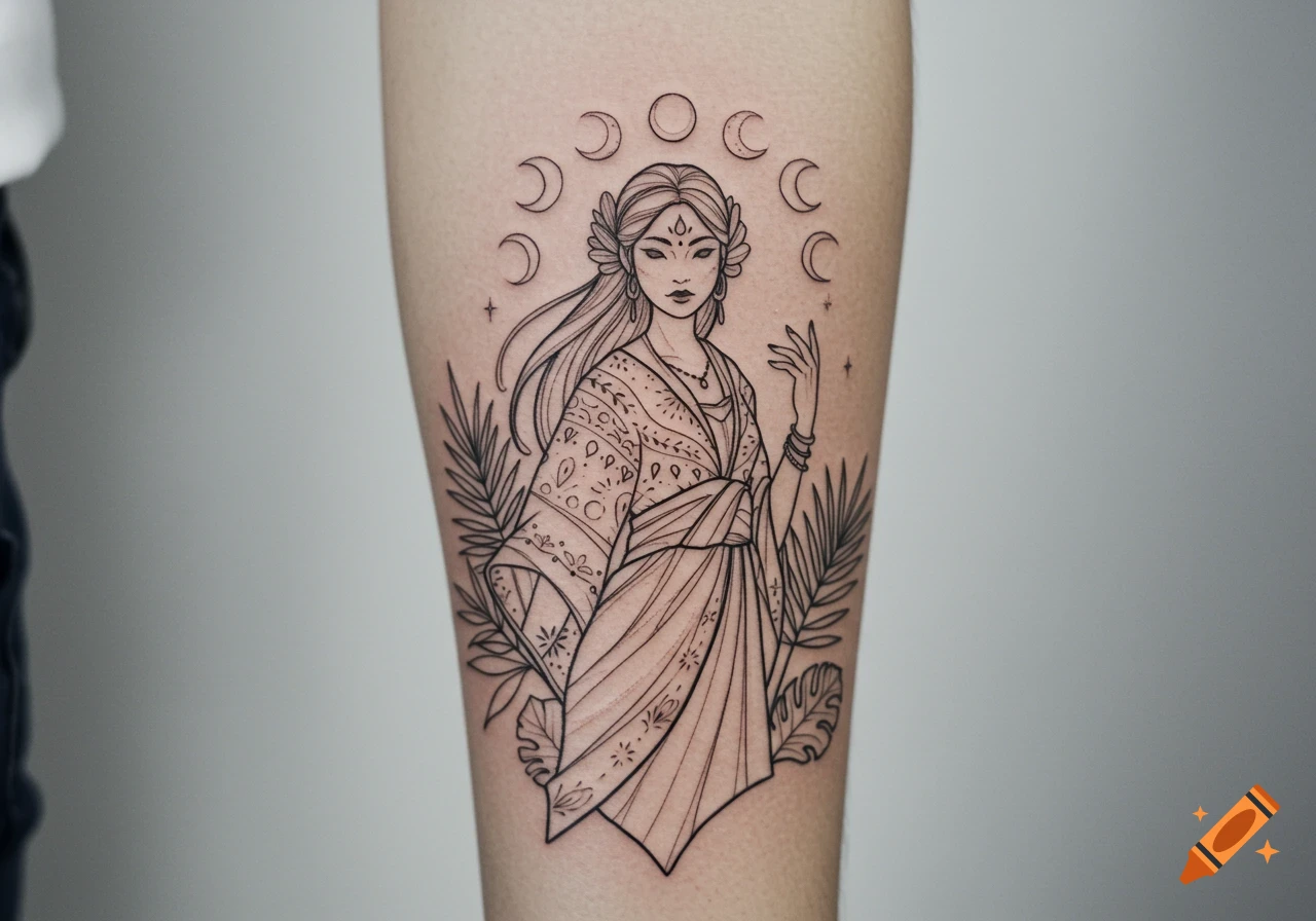 A fine line tattoo on an arm depicting Haliya, a goddess-like woman with long hair and a patterned robe, surrounded by crescent moons and tropical leaves.