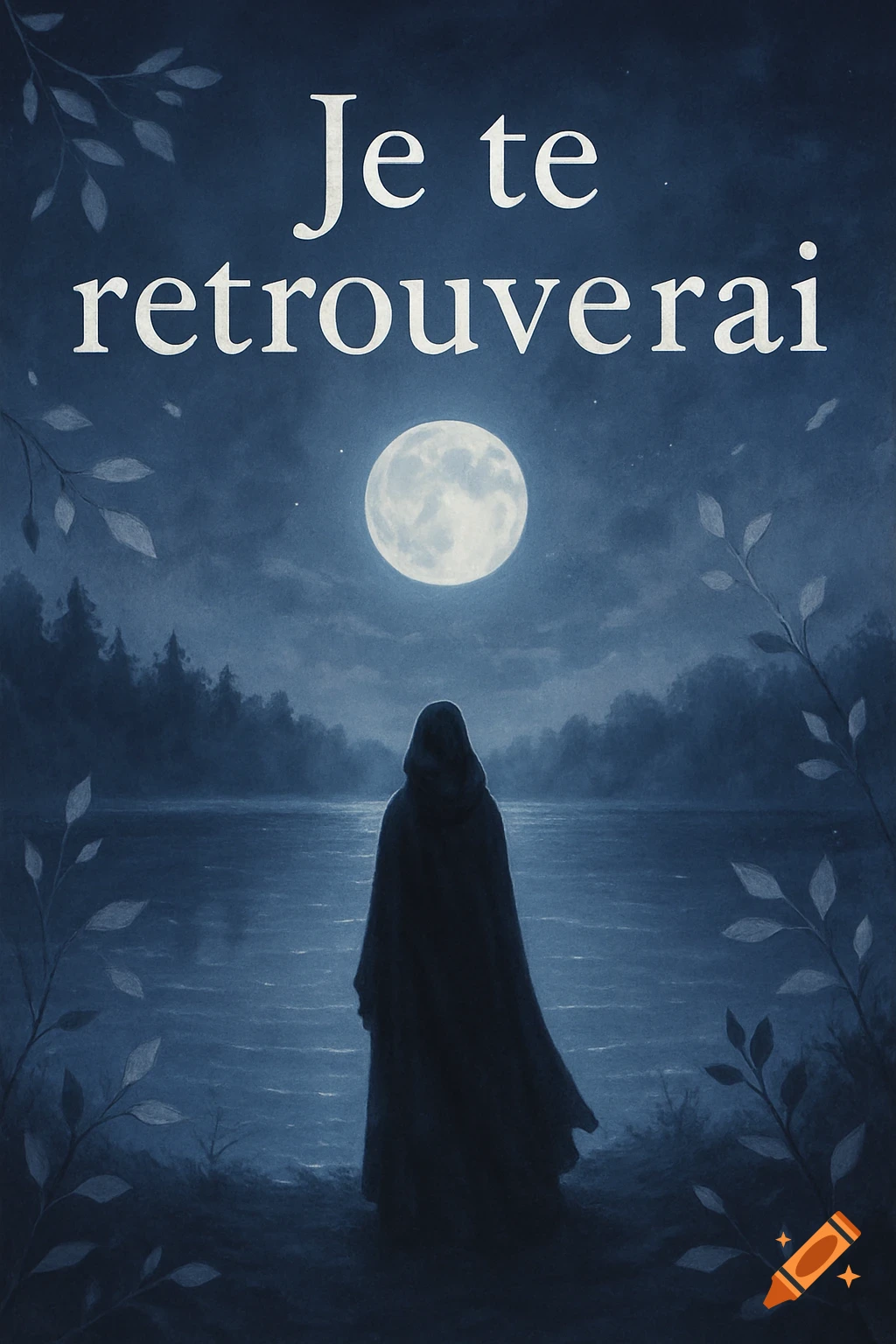 A cloaked figure stands by a moonlit lake and forest under a full moon, with 'Je te retrouverai' text.