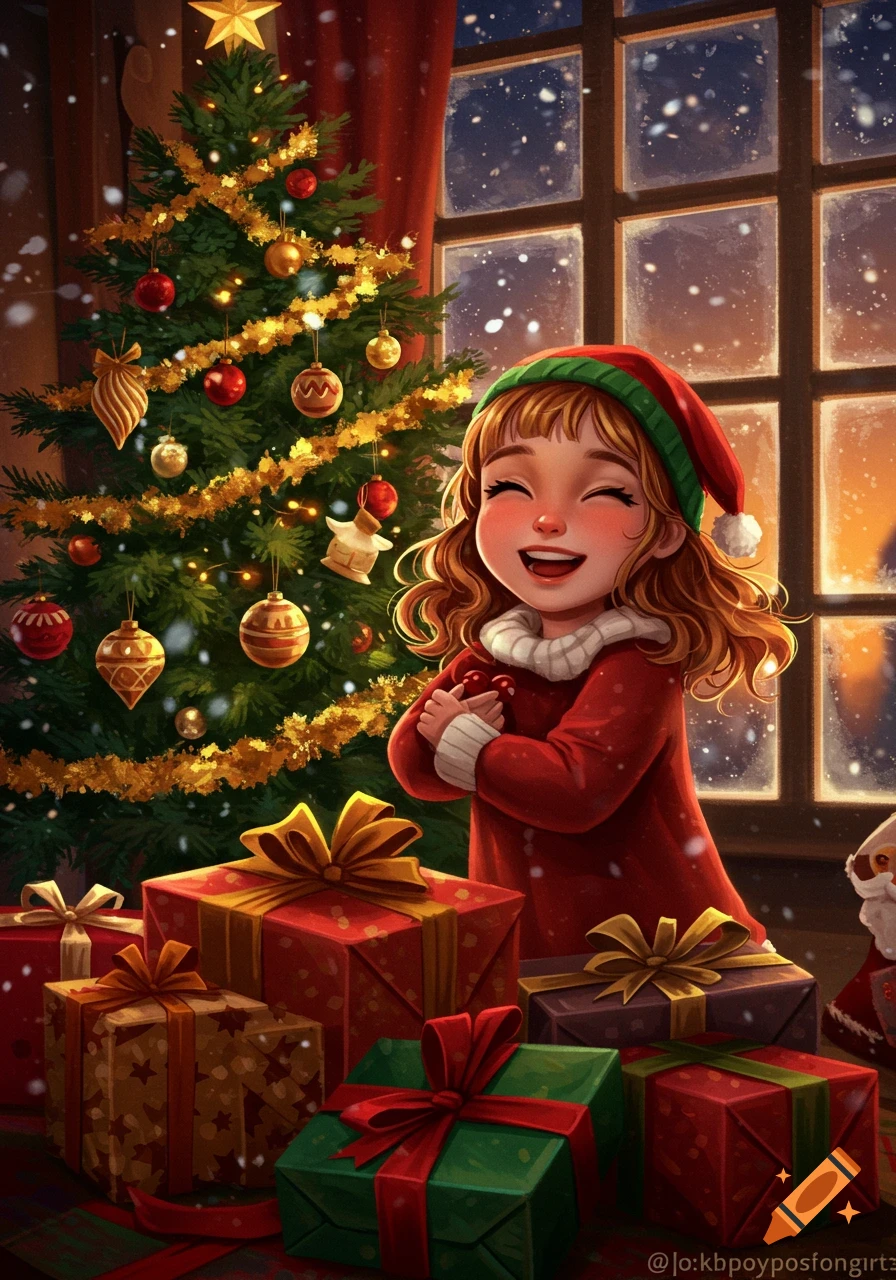 A cheerful cartoon girl in an elf hat and red coat, holding candy, stands by a decorated Christmas tree with presents, snow falling outside a window.
