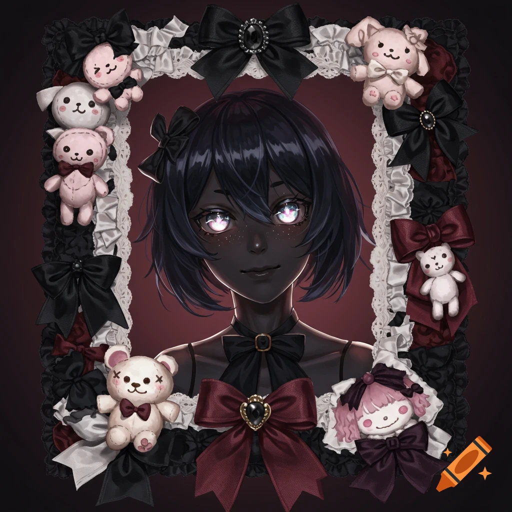 Anime girl with dark skin and glowing eyes framed by black and red ribbons, lace, and plush toys in gothic lolita style.