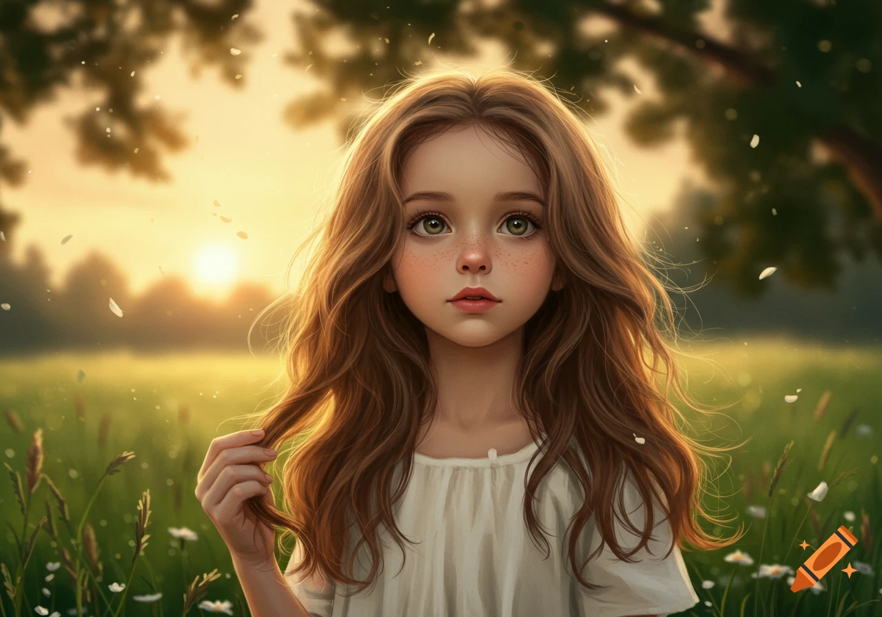 A young girl with long brown hair, green eyes, and freckles, wearing a white dress, stands in a golden sunlit field with falling petals.