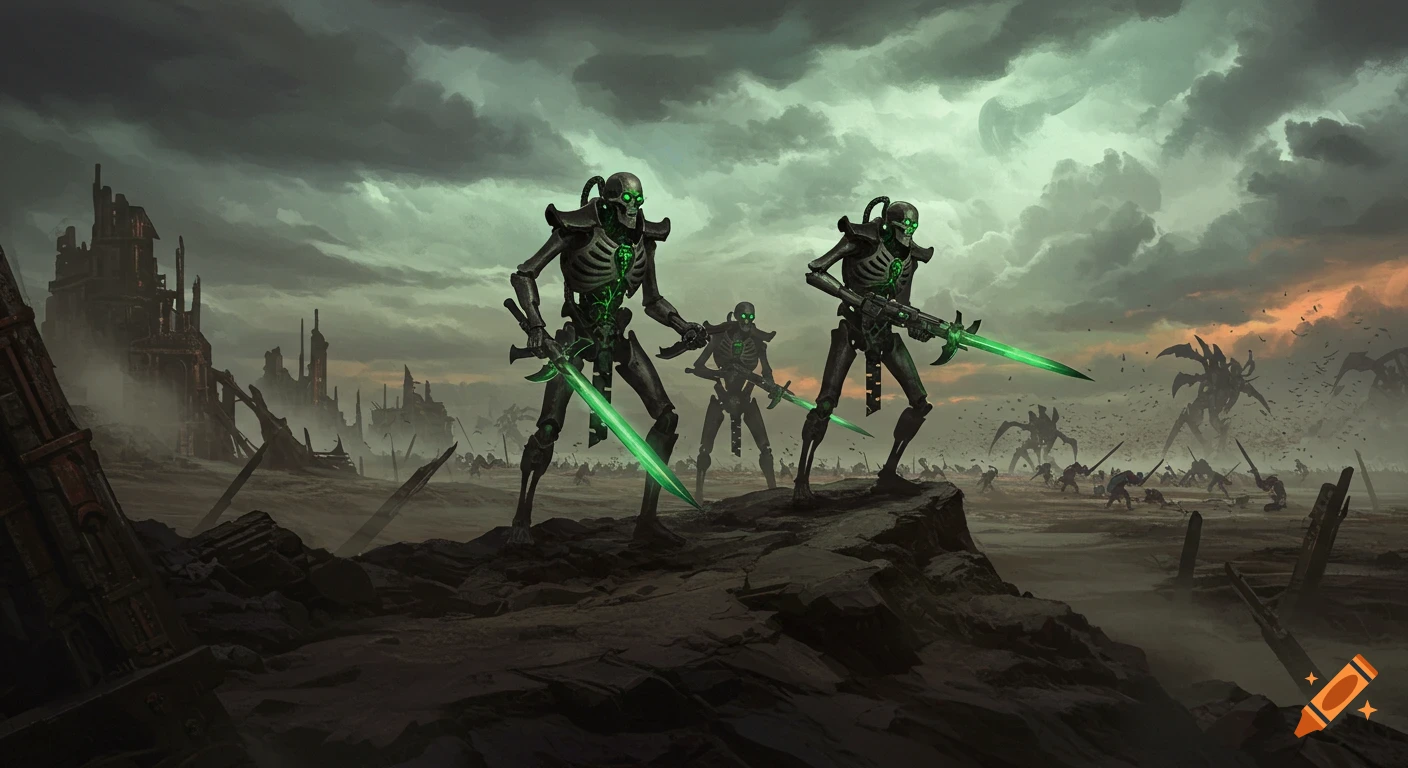 Three Necron warriors stand on a rocky hill in a ruined wasteland under a stormy sky, facing a distant horde of Tyranid monsters.