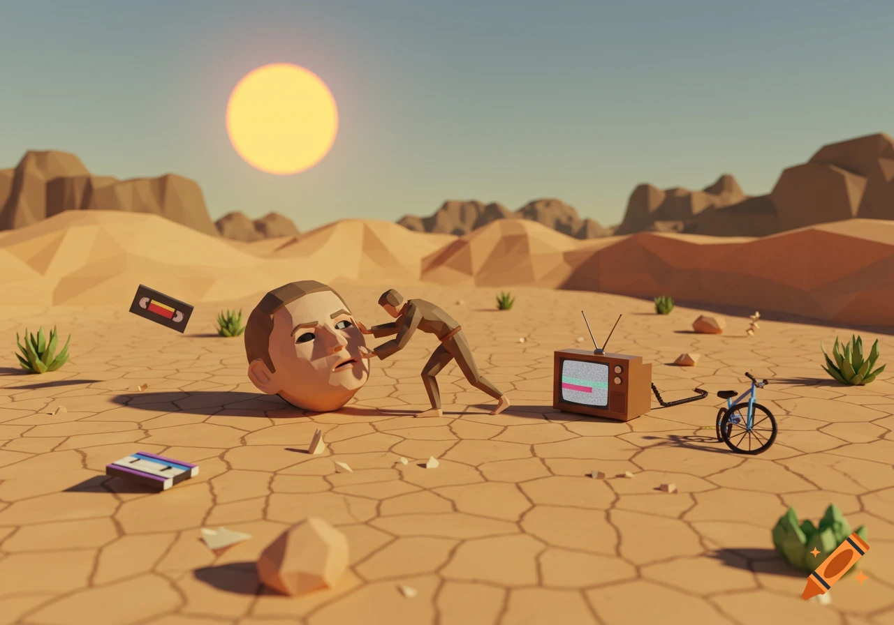 A low-poly 3D scene of a character pushing a giant human head through a cracked desert with a retro TV, bicycle, and cassettes under a large sun.